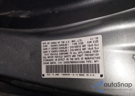 2006 Honda Cr-V Ex from USA, damaged, VIN SHSRD78806U416390